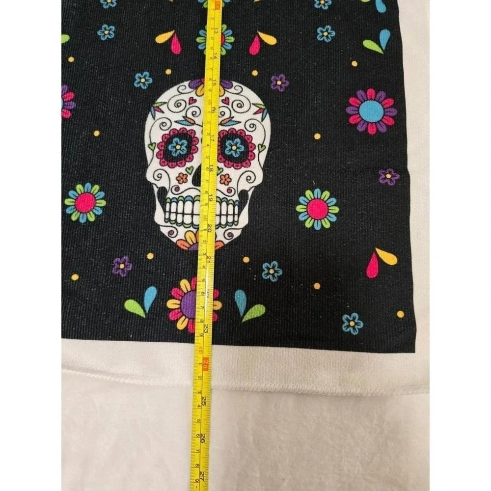 Day of the Dead Sugar Skull Kitchen Towel Tea Towel Black Floral Print /0467